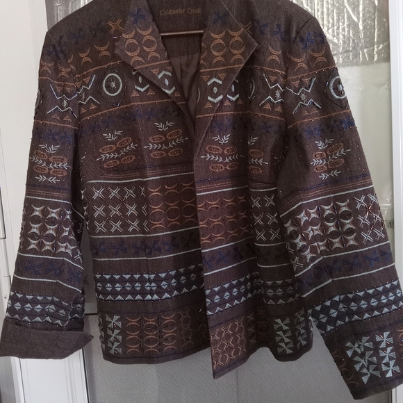 COLDWATER CREEK Blazer Brown Denim Blue Embroidery, Gems, Beaded Size 16/42 - Picture 12 of 14